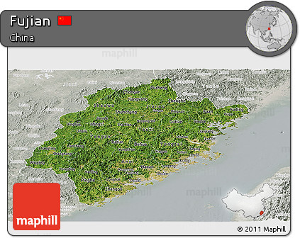 Satellite Panoramic Map of Fujian, lighten, semi-desaturated