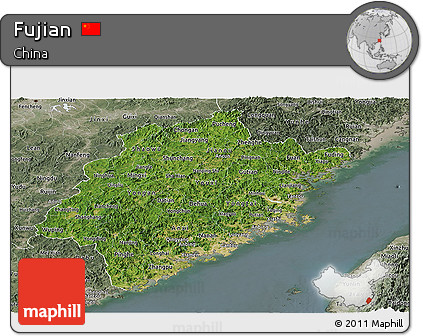 Satellite Panoramic Map of Fujian, semi-desaturated