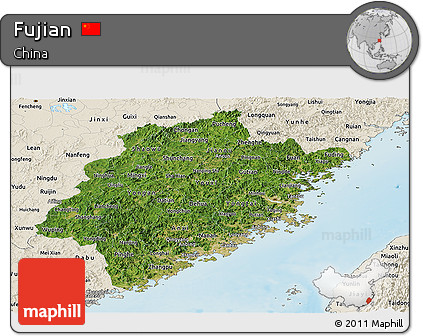 Satellite Panoramic Map of Fujian, shaded relief outside
