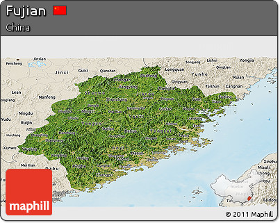 Satellite Panoramic Map of Fujian, shaded relief outside