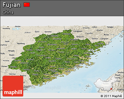 Satellite Panoramic Map of Fujian, shaded relief outside