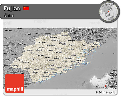 Shaded Relief Panoramic Map of Fujian, darken, desaturated