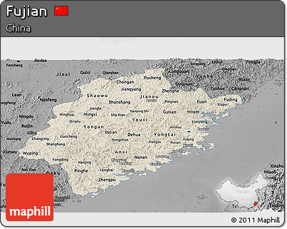Shaded Relief Panoramic Map of Fujian, darken, desaturated
