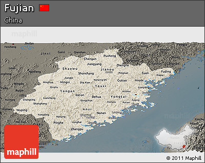 Shaded Relief Panoramic Map of Fujian, darken