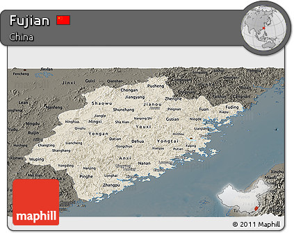 Shaded Relief Panoramic Map of Fujian, darken