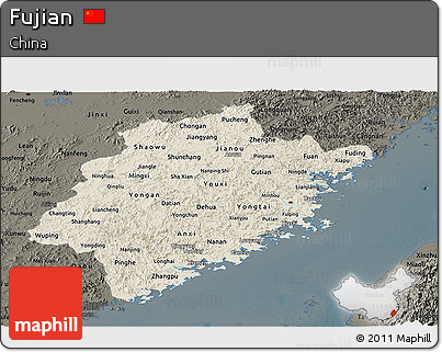 Shaded Relief Panoramic Map of Fujian, darken