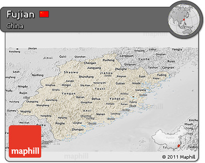 Shaded Relief Panoramic Map of Fujian, desaturated
