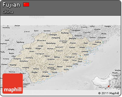 Shaded Relief Panoramic Map of Fujian, desaturated