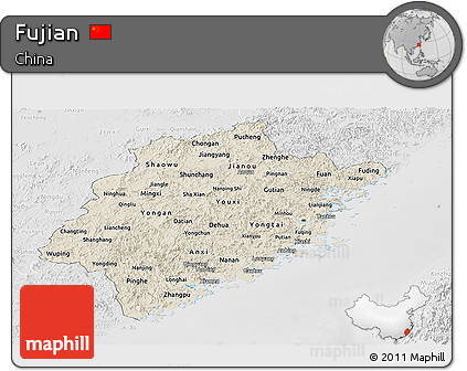 Shaded Relief Panoramic Map of Fujian, lighten, desaturated