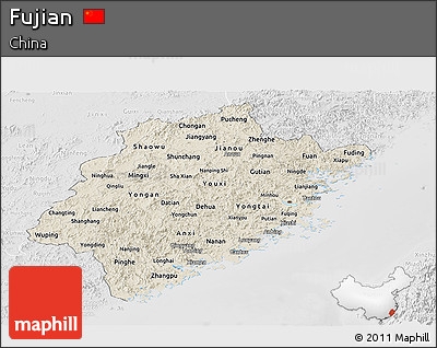 Shaded Relief Panoramic Map of Fujian, lighten, desaturated