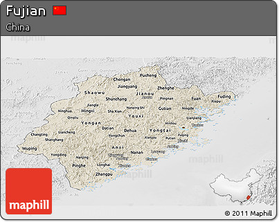 Shaded Relief Panoramic Map of Fujian, lighten, desaturated