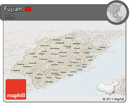 Shaded Relief Panoramic Map of Fujian, lighten