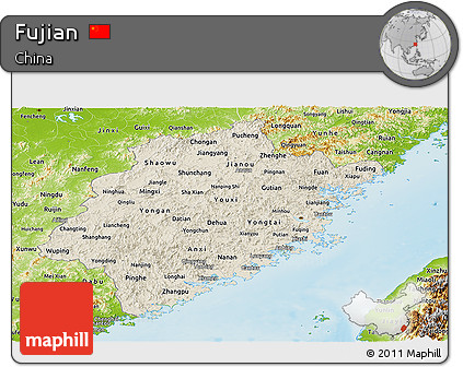 Shaded Relief Panoramic Map of Fujian, physical outside