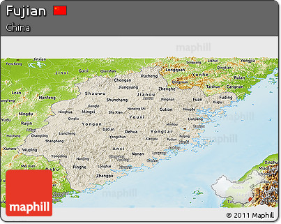 Shaded Relief Panoramic Map of Fujian, physical outside