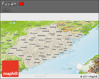 Shaded Relief Panoramic Map of Fujian, physical outside
