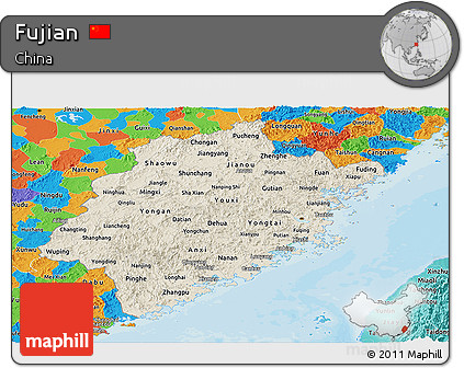 Shaded Relief Panoramic Map of Fujian, political outside