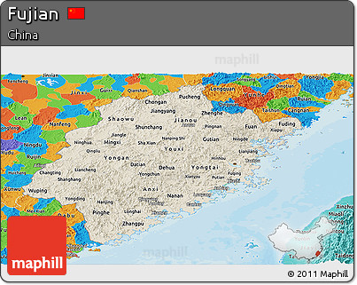 Shaded Relief Panoramic Map of Fujian, political outside