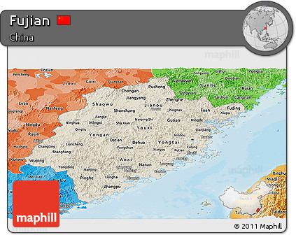 Shaded Relief Panoramic Map of Fujian, political shades outside