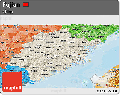 Shaded Relief Panoramic Map of Fujian, political shades outside