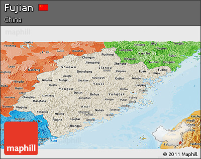 Shaded Relief Panoramic Map of Fujian, political shades outside
