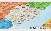 Shaded Relief Panoramic Map of Fujian, political shades outside