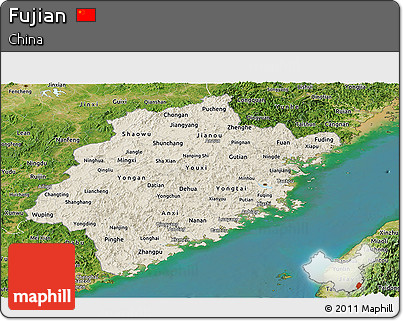 Shaded Relief Panoramic Map of Fujian, satellite outside