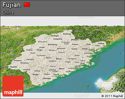 Shaded Relief Panoramic Map of Fujian, satellite outside