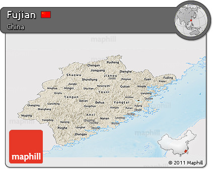 Shaded Relief Panoramic Map of Fujian, single color outside