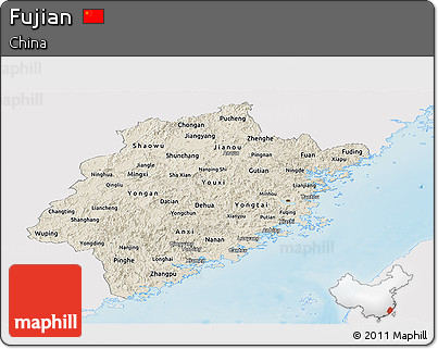 Shaded Relief Panoramic Map of Fujian, single color outside