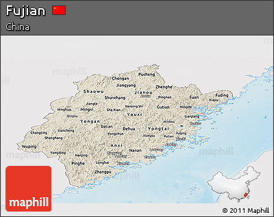 Shaded Relief Panoramic Map of Fujian, single color outside