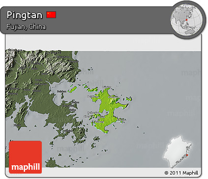 Physical 3D Map of Pingtan, darken, semi-desaturated