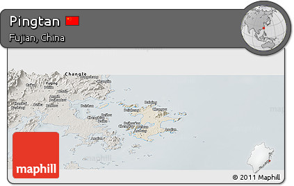 Shaded Relief Panoramic Map of Pingtan, semi-desaturated