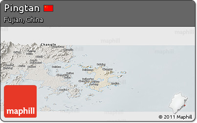 Shaded Relief Panoramic Map of Pingtan, semi-desaturated