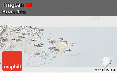 Shaded Relief Panoramic Map of Pingtan, semi-desaturated