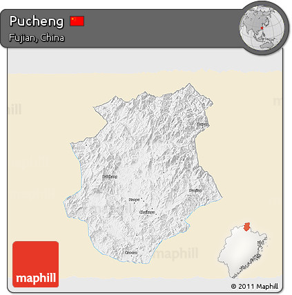 Classic Style 3D Map of Pucheng, single color outside