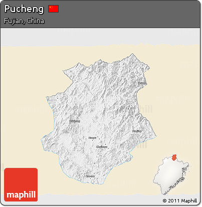 Classic Style 3D Map of Pucheng, single color outside