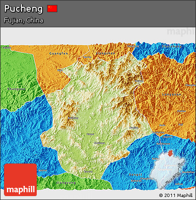 Physical 3D Map of Pucheng, political outside