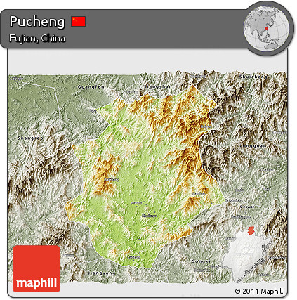 Physical 3D Map of Pucheng, semi-desaturated