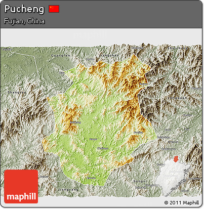 Physical 3D Map of Pucheng, semi-desaturated
