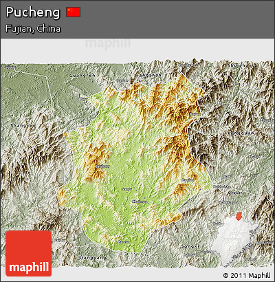 Physical 3D Map of Pucheng, semi-desaturated