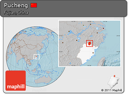 Gray Location Map of Pucheng, highlighted parent region, hill shading