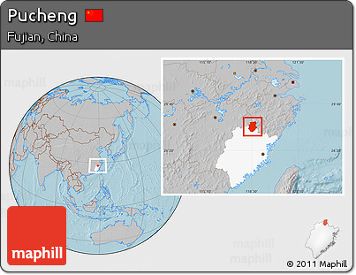 Gray Location Map of Pucheng, highlighted parent region, hill shading