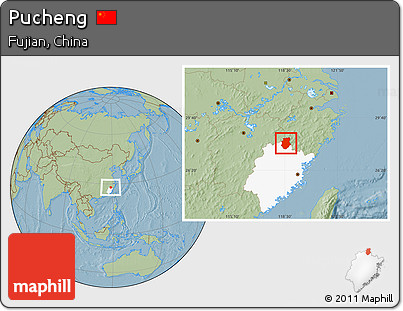 Savanna Style Location Map of Pucheng, highlighted parent region, hill shading