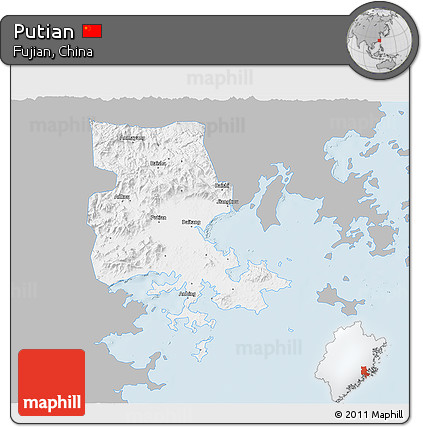 Gray 3D Map of Putian, single color outside