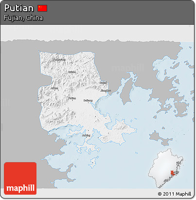 Gray 3D Map of Putian, single color outside