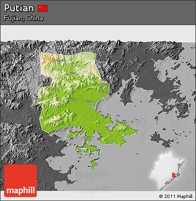 Physical 3D Map of Putian, darken, desaturated