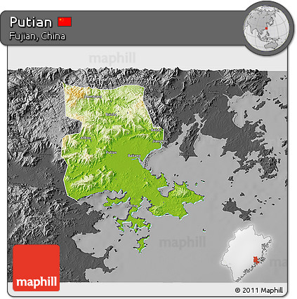 Physical 3D Map of Putian, darken, desaturated