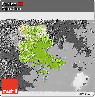 Physical 3D Map of Putian, darken, desaturated