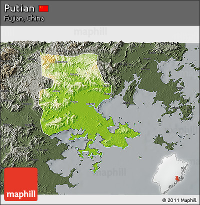 Physical 3D Map of Putian, darken, semi-desaturated