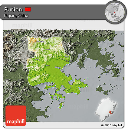 Physical 3D Map of Putian, darken, semi-desaturated